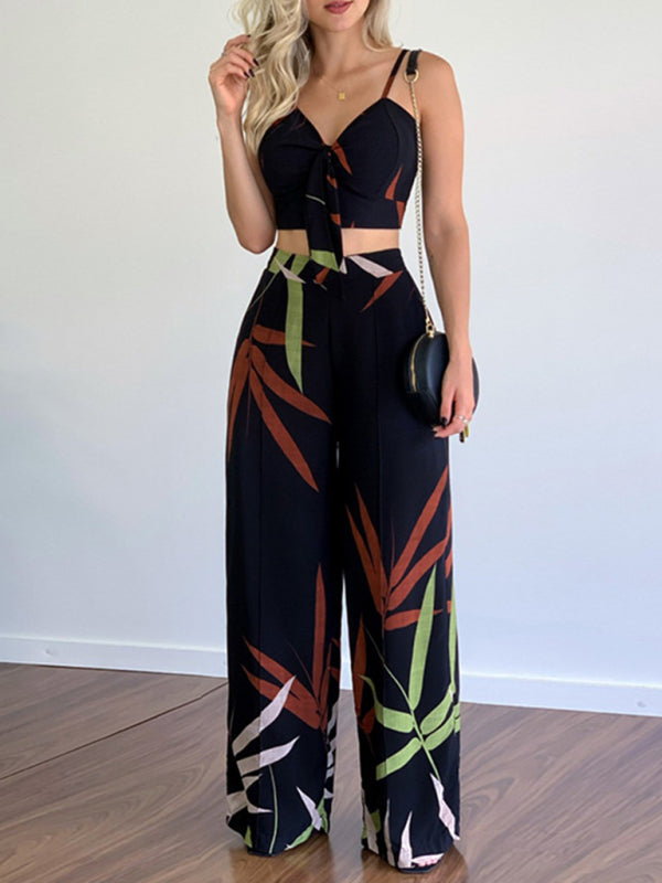Levoire | Robe en lin décontractée à encolure en V taille haute imprimée avec pantalon large en deux pièces Musta