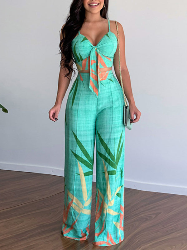 Levoire | Robe en lin décontractée à encolure en V taille haute imprimée avec pantalon large en deux pièces