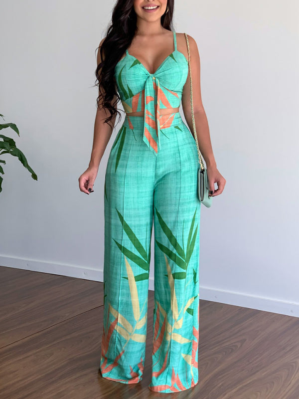 Levoire | Robe en lin décontractée à encolure en V taille haute imprimée avec pantalon large en deux pièces Vert