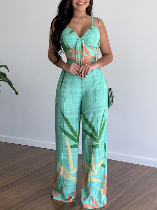 Levoire | Robe en lin décontractée à encolure en V taille haute imprimée avec pantalon large en deux pièces
