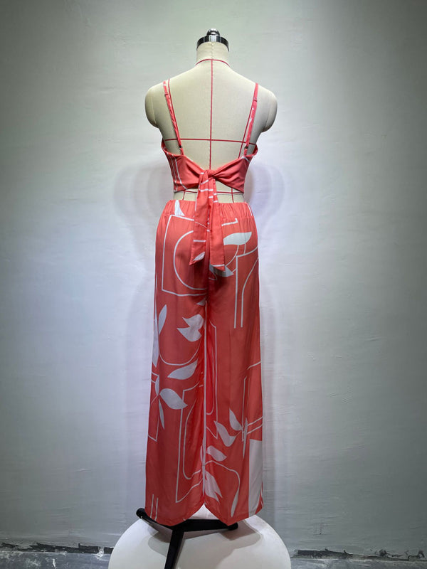 Levoire | Robe en lin décontractée à encolure en V taille haute imprimée avec pantalon large en deux pièces