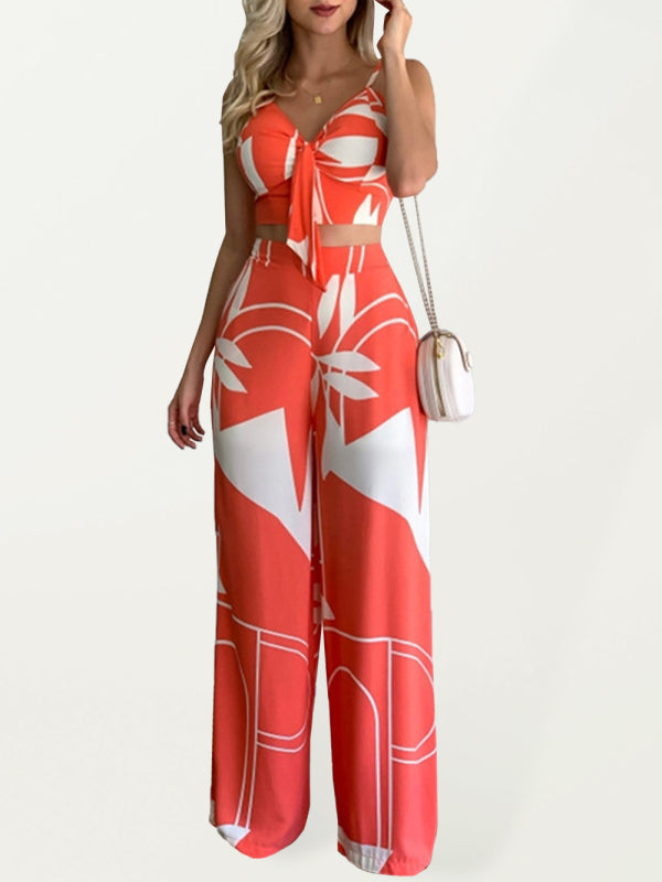 Levoire | Robe en lin décontractée à encolure en V taille haute imprimée avec pantalon large en deux pièces Orange