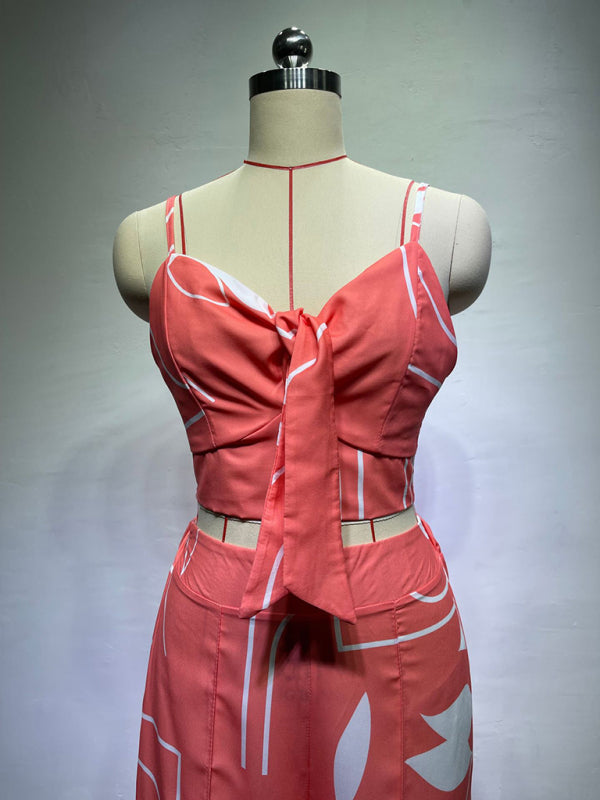 Levoire | Robe en lin décontractée à encolure en V taille haute imprimée avec pantalon large en deux pièces