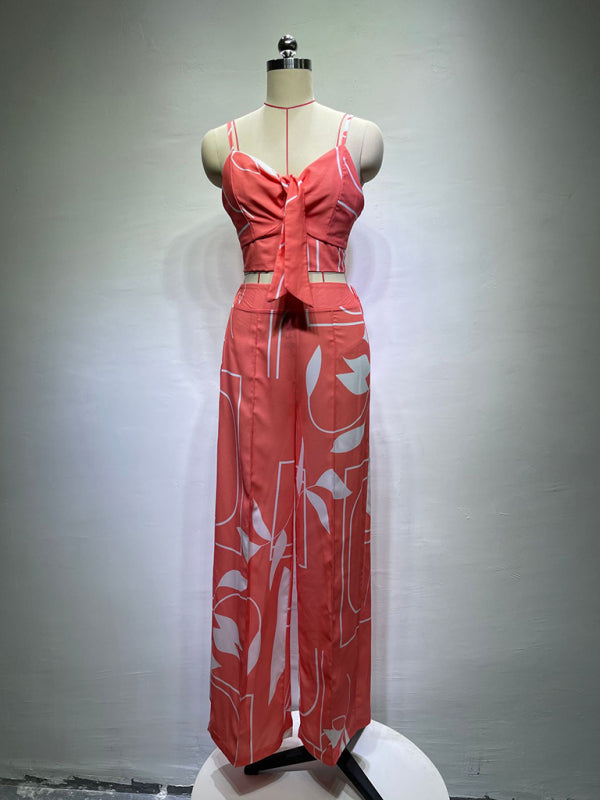 Levoire | Robe en lin décontractée à encolure en V taille haute imprimée avec pantalon large en deux pièces