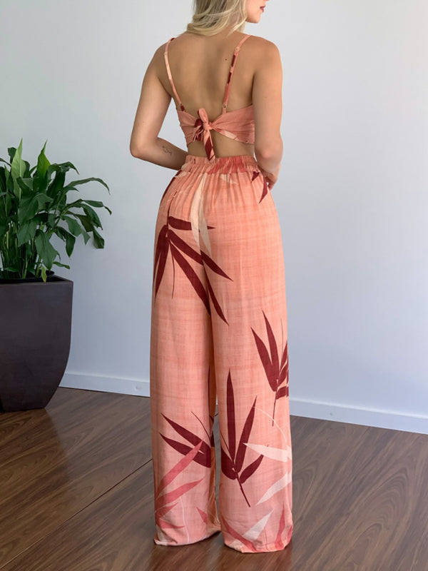 Levoire | Robe en lin décontractée à encolure en V taille haute imprimée avec pantalon large en deux pièces