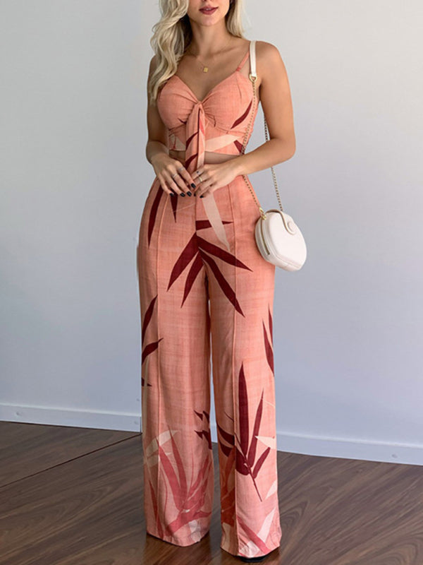 Levoire | Robe en lin décontractée à encolure en V taille haute imprimée avec pantalon large en deux pièces Rosa