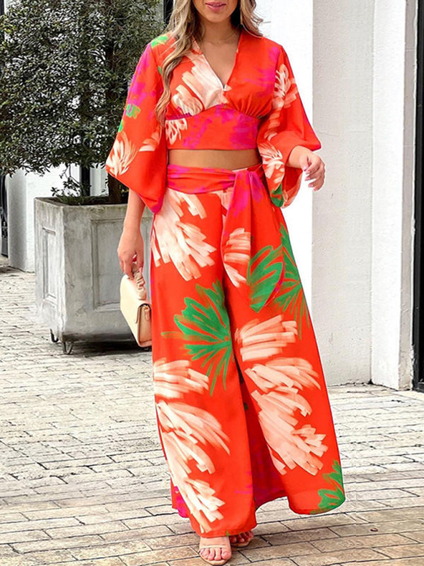 Levoire | Chemisier à col en V imprimé à manches lanternes courtes, taille haute, combinaison large en deux pièces