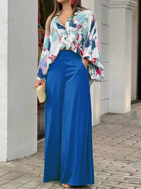 Levoire | Été ample décontracté imprimé chemise haut pantalon large ensemble deux pièces Sininen