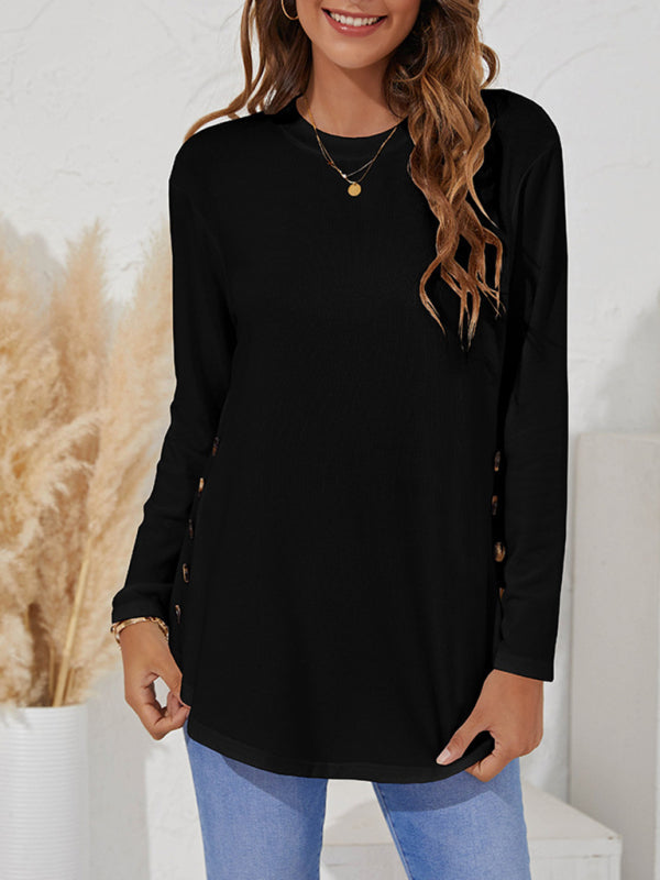 Levoire | Col rond T-shirt décontracté femme à boutons uniques à manches longues Noir