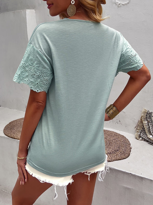 Levoire | Femme Mode Tricot Casual Broderie Pointue Col V T-shirt à manches courtes