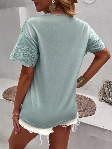 Levoire | Femme Mode Tricot Casual Broderie Pointue Col V T-shirt à manches courtes