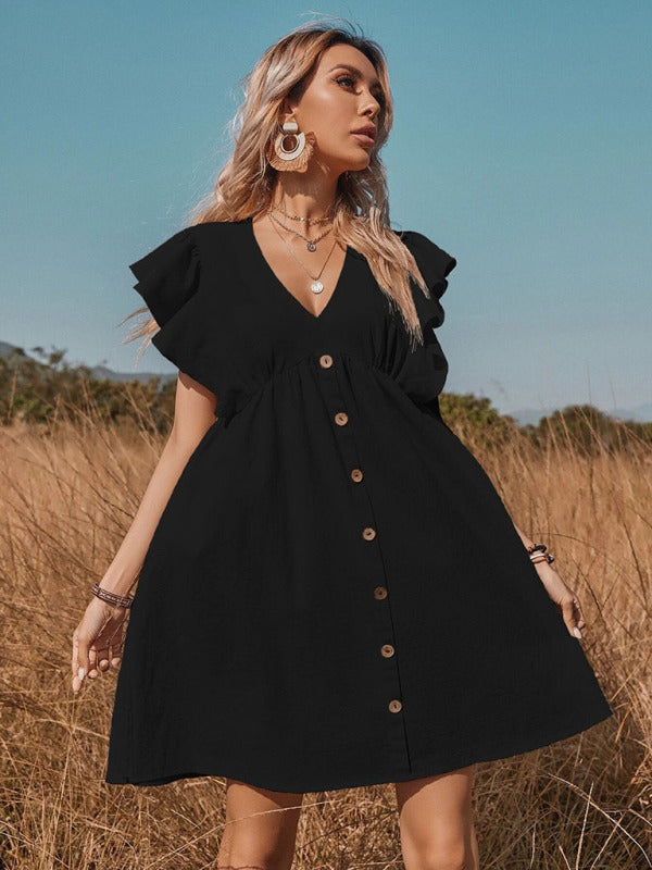 Levoire | Robe bouton à col en V tissée pour femme grande évasée en A avec petites manches flotantes