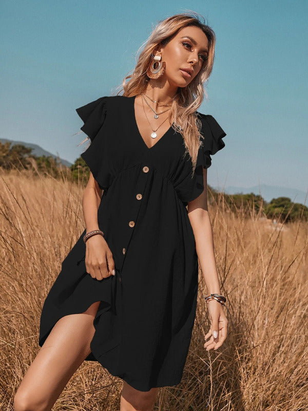 Levoire | Robe bouton à col en V tissée pour femme grande évasée en A avec petites manches flotantes