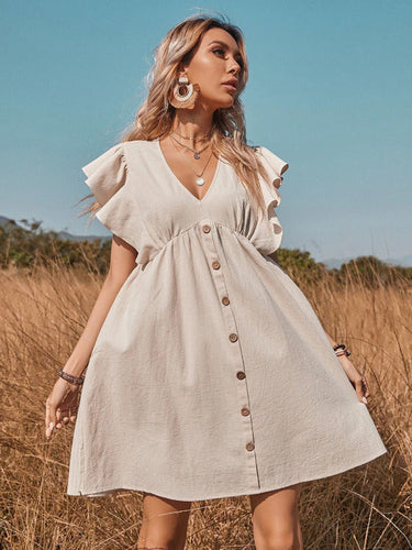 Levoire | Robe bouton à col en V tissée pour femme grande évasée en A avec petites manches flotantes