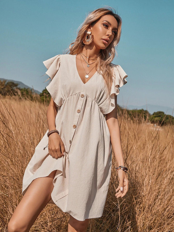 Levoire | Robe bouton à col en V tissée pour femme grande évasée en A avec petites manches flotantes