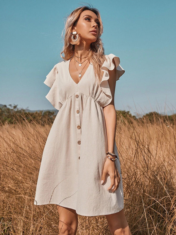 Levoire | Robe bouton à col en V tissée pour femme grande évasée en A avec petites manches flotantes
