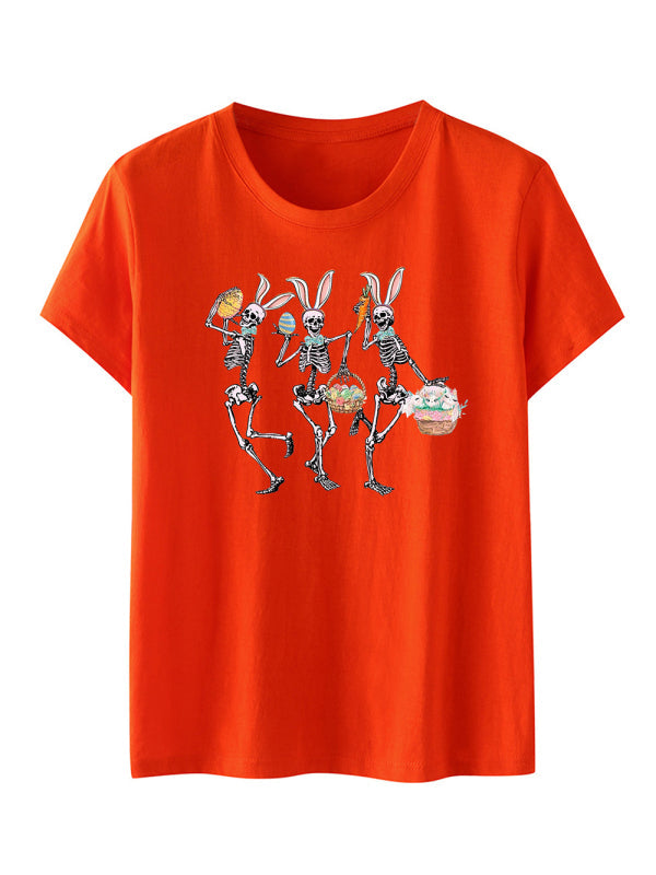 Levoire | Femmes Pâques Lapin Mort Imprimé T-shirt à Manches Courtes Orange