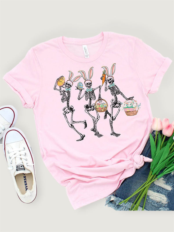 Levoire | Femmes Pâques Lapin Mort Imprimé T-shirt à Manches Courtes Rosa