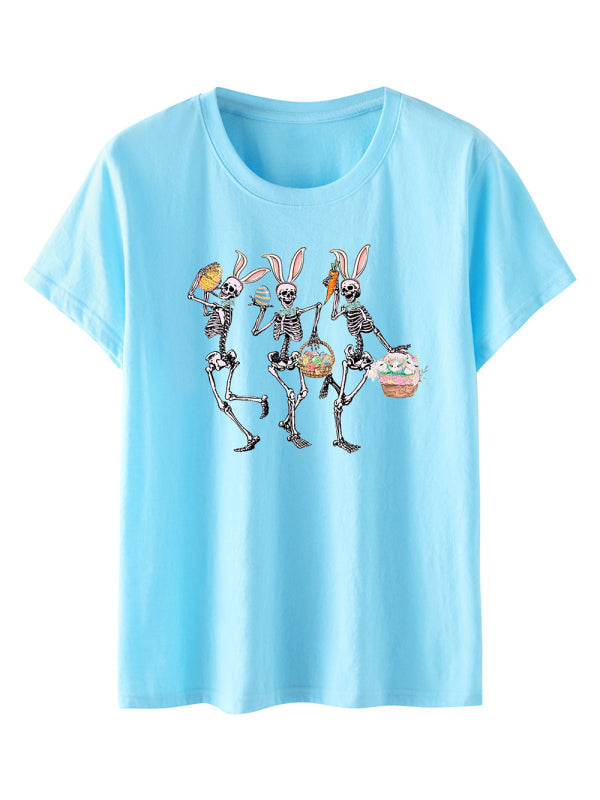Levoire | Femmes Pâques Lapin Mort Imprimé T-shirt à Manches Courtes Azur ciel