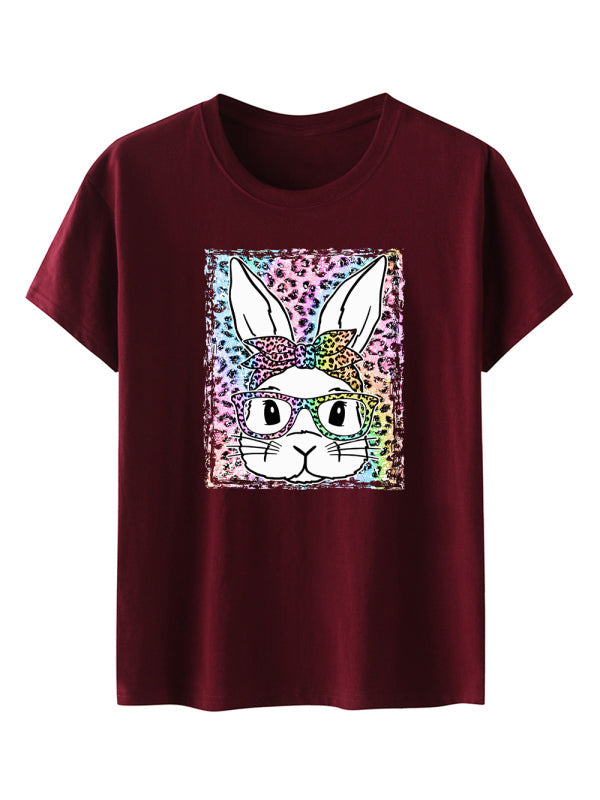 Levoire | Femmes Pâques Léopard Imprimé Lapin T-shirt à Manches Courtes Roue