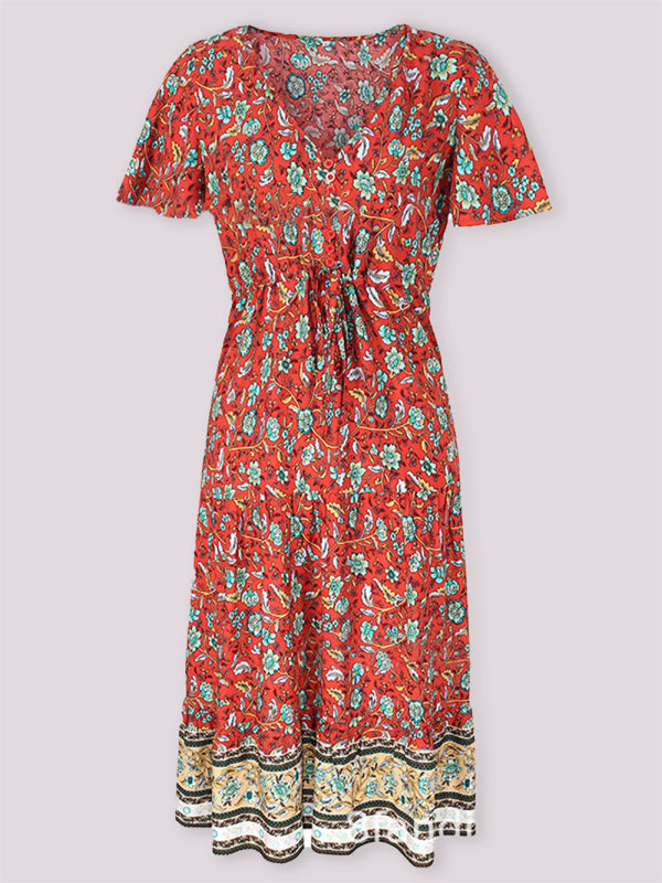 Levoire | Robe mi-longue asymétrique à fleurs petite motif slim-fit avec décolleté en V et manches courtes Rot