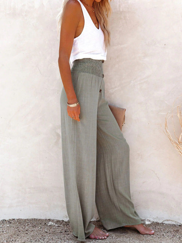 Levoire | Pantalons femme en coton et lin unis décontractés à jambes larges