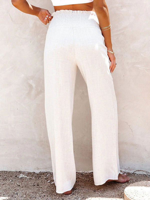 Levoire | Pantalons femme en coton et lin unis décontractés à jambes larges