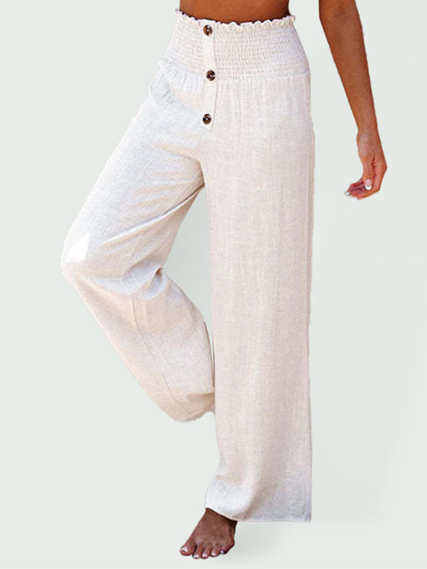 Levoire | Pantalons femme en coton et lin unis décontractés à jambes larges Blanc