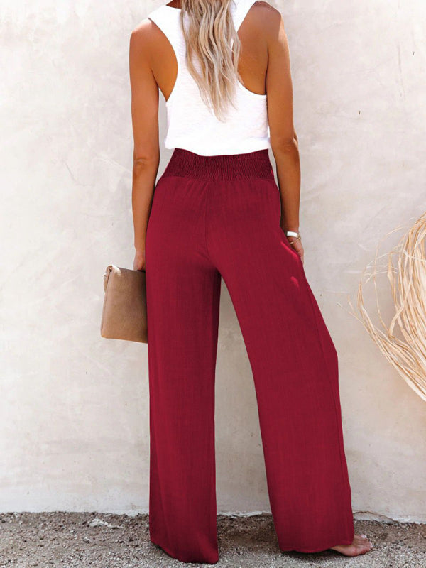 Levoire | Pantalons femme en coton et lin unis décontractés à jambes larges