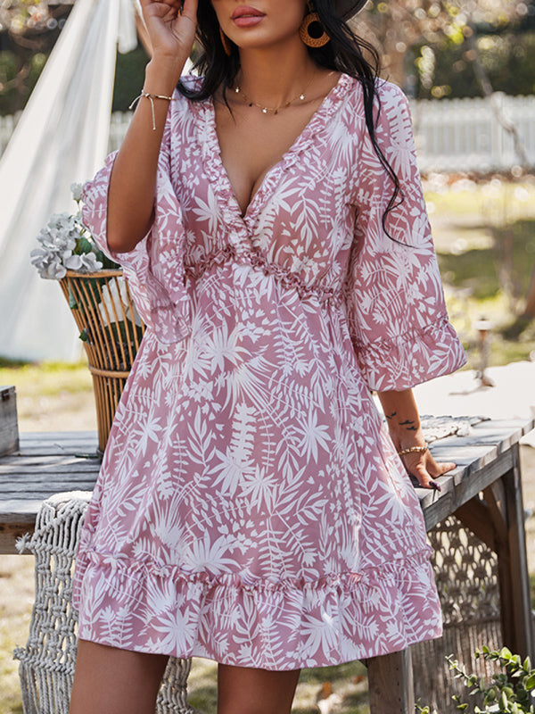 Levoire | Profond V Temps Libre Sexy Vacances Imprimé Robe Jupes Mi-longues