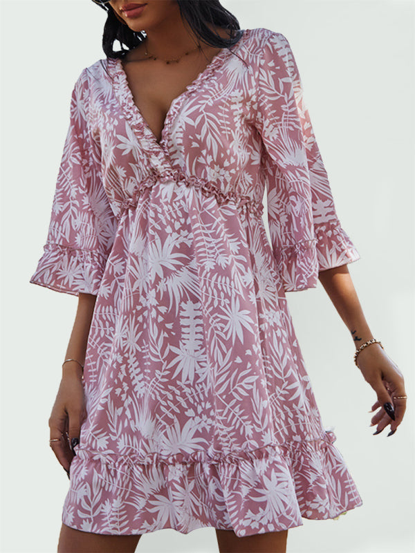 Levoire | Profond V Temps Libre Sexy Vacances Imprimé Robe Jupes Mi-longues Rosa