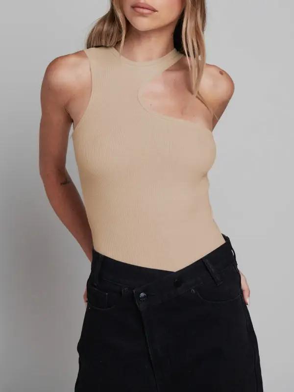Levoire | Femmes Tricoté sexy côtelé ajusté sans manches trou Tout en un Jumpsuit Cracker kaki