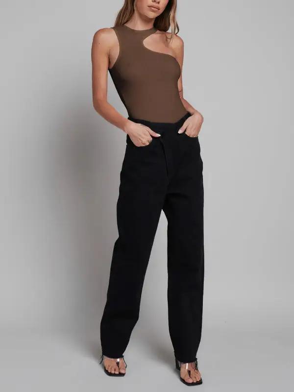 Levoire | Femmes Tricoté sexy côtelé ajusté sans manches trou Tout en un Jumpsuit