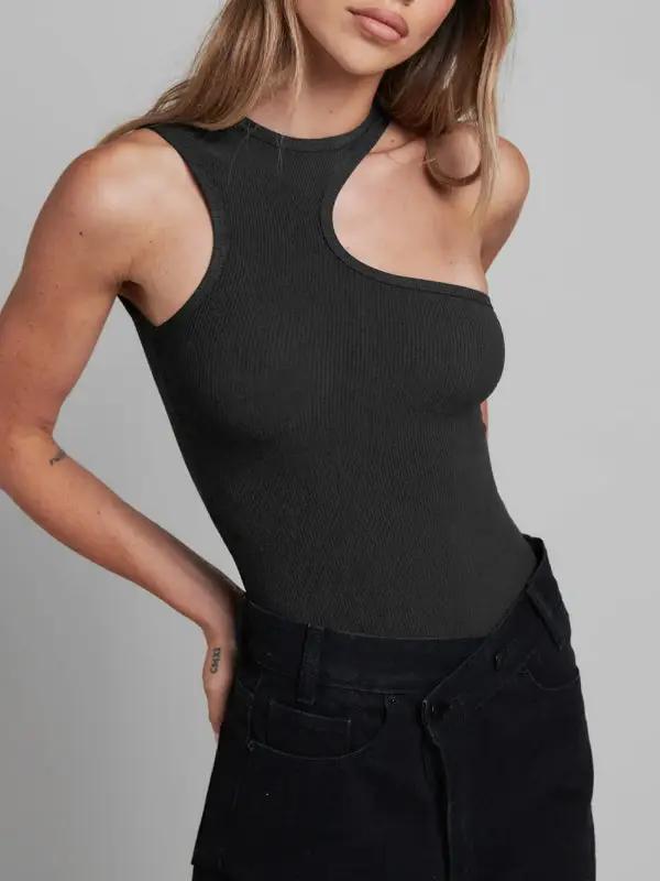 Levoire | Femmes Tricoté sexy côtelé ajusté sans manches trou Tout en un Jumpsuit Noir