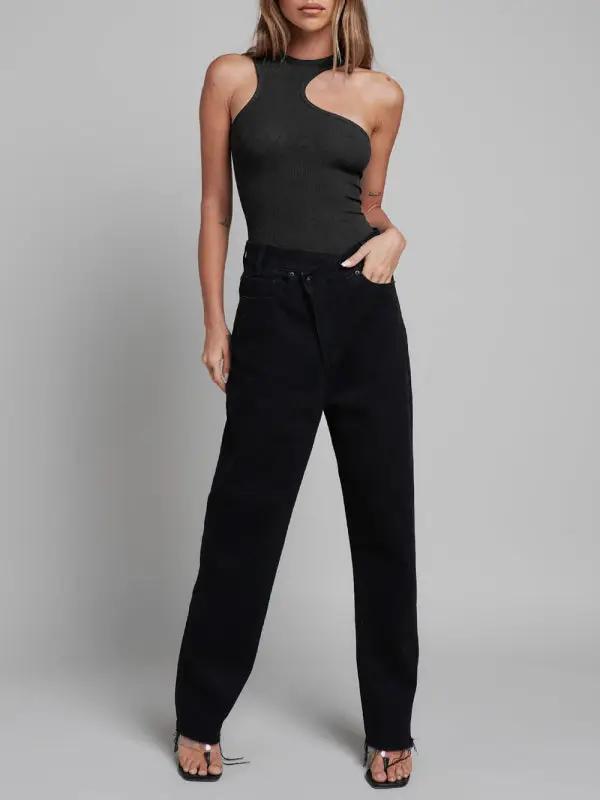 Levoire | Femmes Tricoté sexy côtelé ajusté sans manches trou Tout en un Jumpsuit