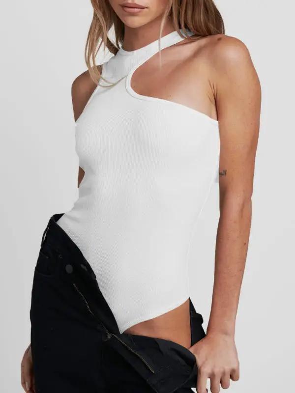 Levoire | Femmes Tricoté sexy côtelé ajusté sans manches trou Tout en un Jumpsuit Blanc