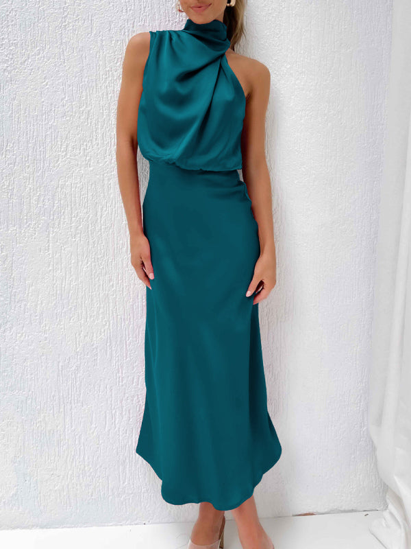 Levoire | Robe midi ajustée à bretelles en satin tissé de haute qualité pour femme Sur bleu