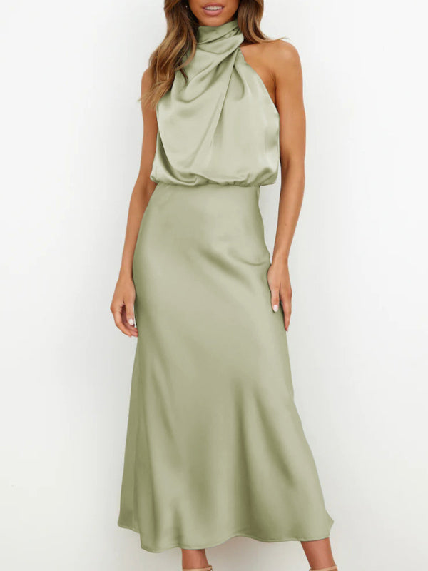 Levoire | Robe midi ajustée à bretelles en satin tissé de haute qualité pour femme vert pâle