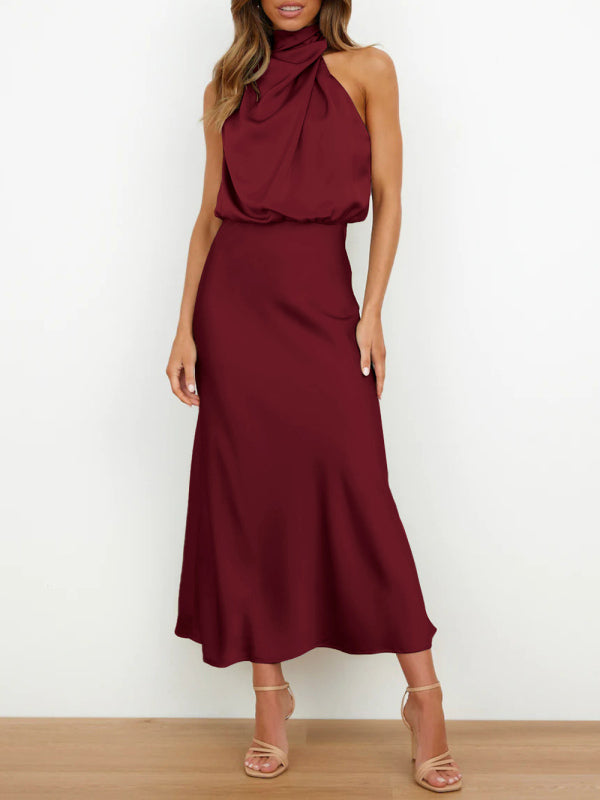 Levoire | Robe midi ajustée à bretelles en satin tissé de haute qualité pour femme Rouge vin