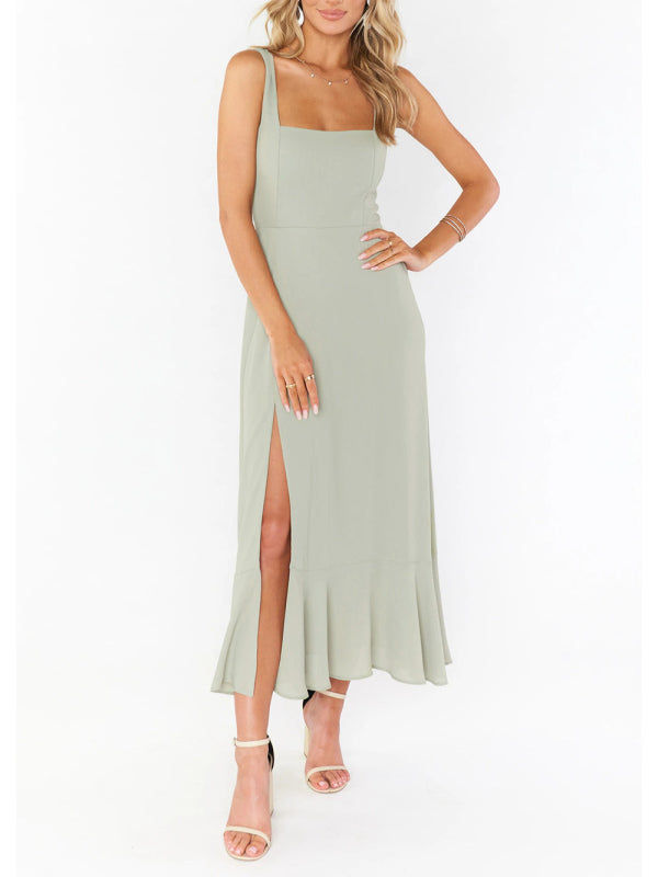 Levoire | Femme élégante et à la mode, pendule fendue, robe française haut de gamme vert pâle