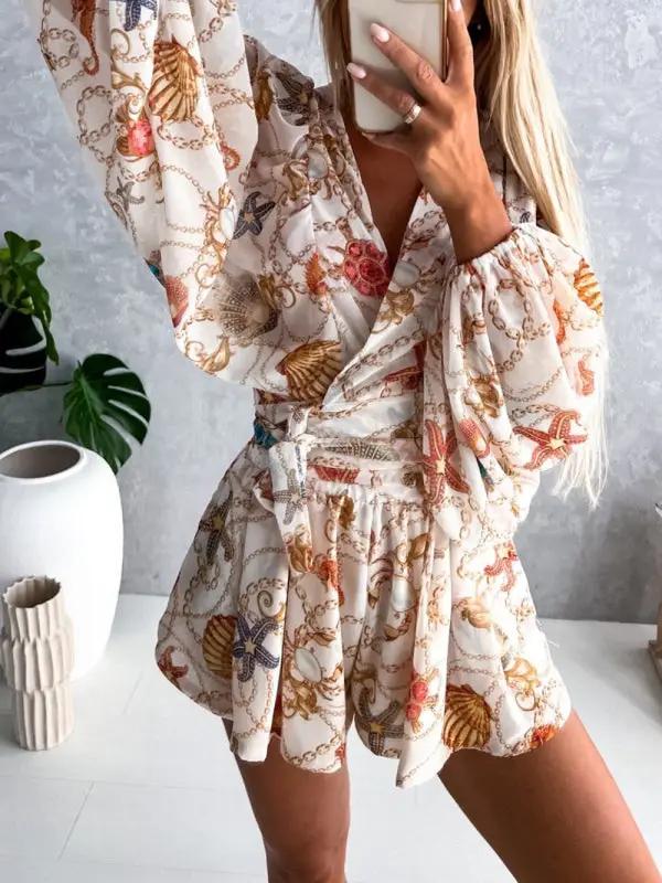 Levoire | Femme tissé floral à manches longues short décolleté en V tropical forêt tropicale combinaison