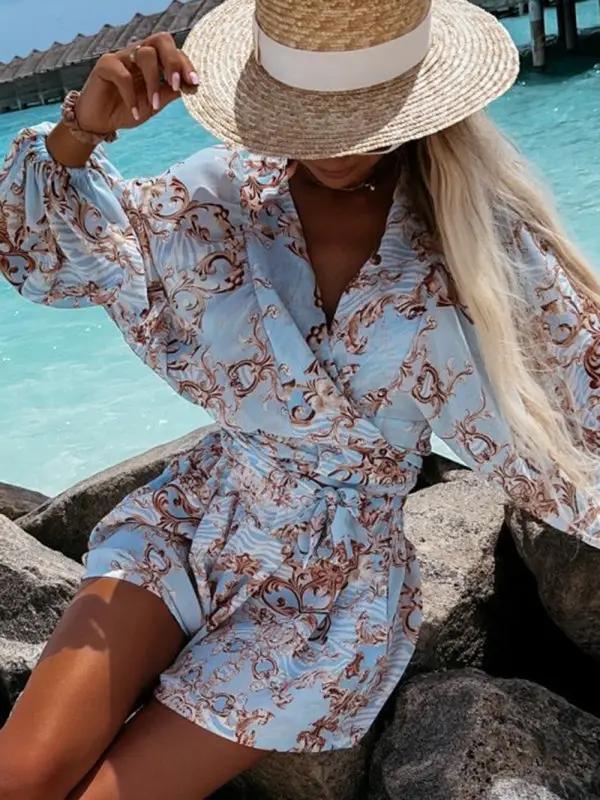 Levoire | Femme tissé floral à manches longues short décolleté en V tropical forêt tropicale combinaison