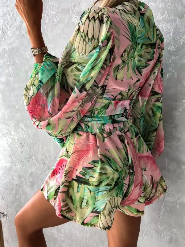 Levoire | Femme tissé floral à manches longues short décolleté en V tropical forêt tropicale combinaison