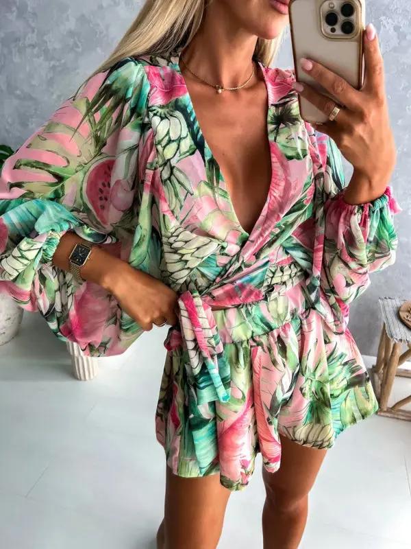 Levoire | Femme tissé floral à manches longues short décolleté en V tropical forêt tropicale combinaison