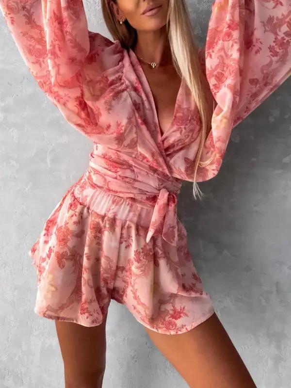 Levoire | Femme tissé floral à manches longues short décolleté en V tropical forêt tropicale combinaison