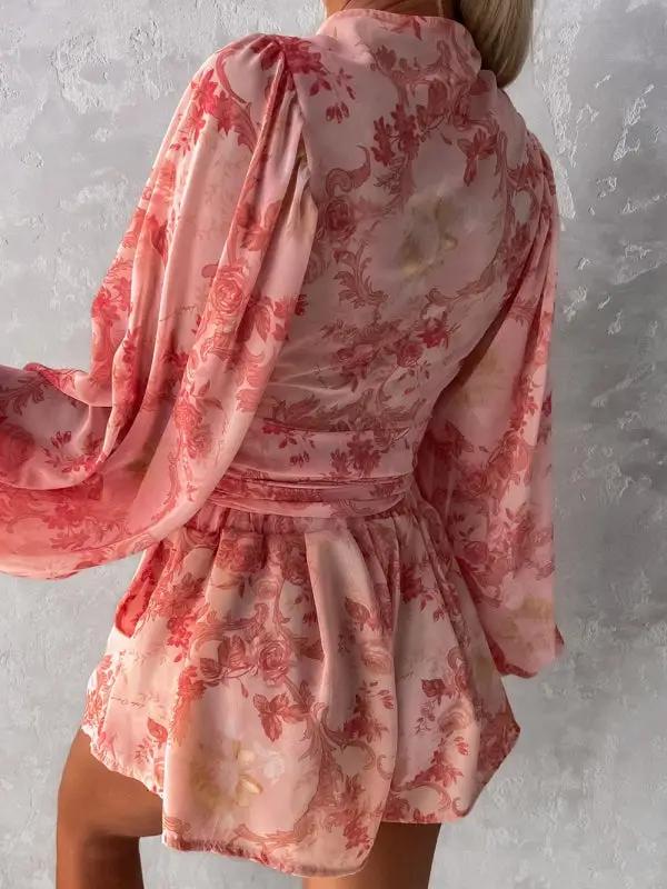 Levoire | Femme tissé floral à manches longues short décolleté en V tropical forêt tropicale combinaison