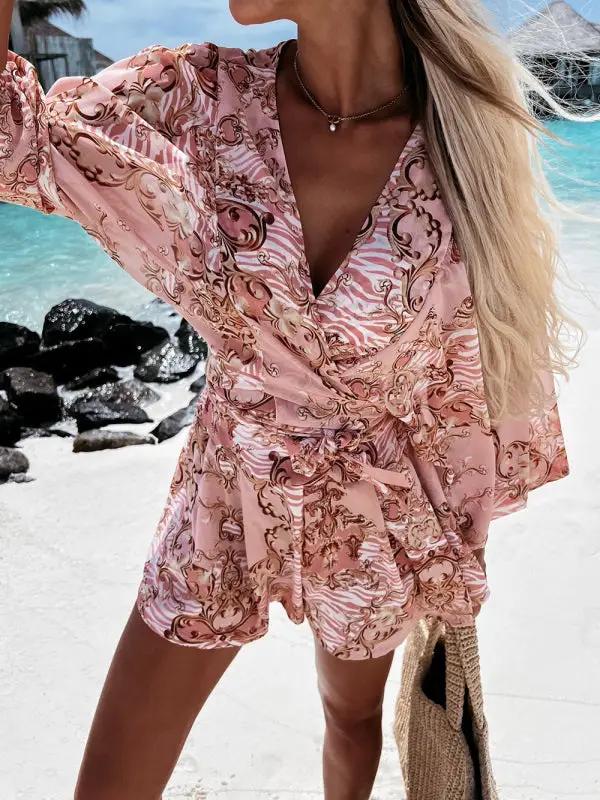 Levoire | Femme tissé floral à manches longues short décolleté en V tropical forêt tropicale combinaison Rosa