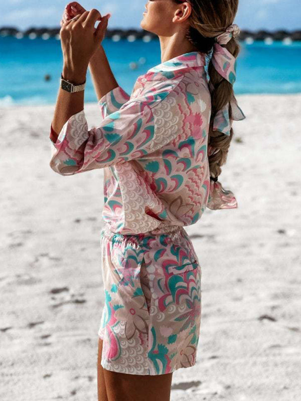 Levoire | Femmes tissées fleurs style d'été décontracté à manches longues short deux pièces set