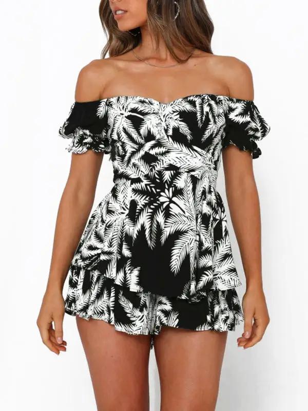 Levoire | Vêtements pour femmes sexy en col bateau lanternes feuilles de lotus manches courtes imprimé combinaisons Noir