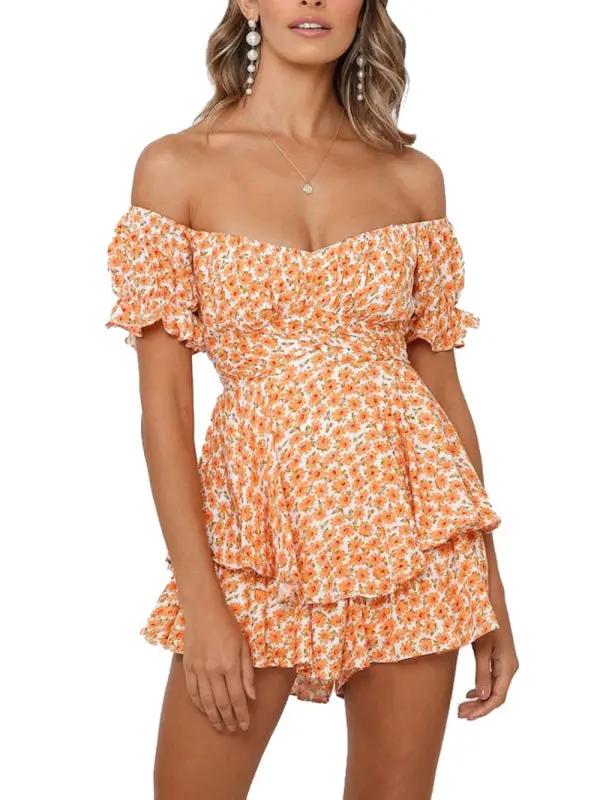 Levoire | Vêtements pour femmes sexy en col bateau lanternes feuilles de lotus manches courtes imprimé combinaisons Orange